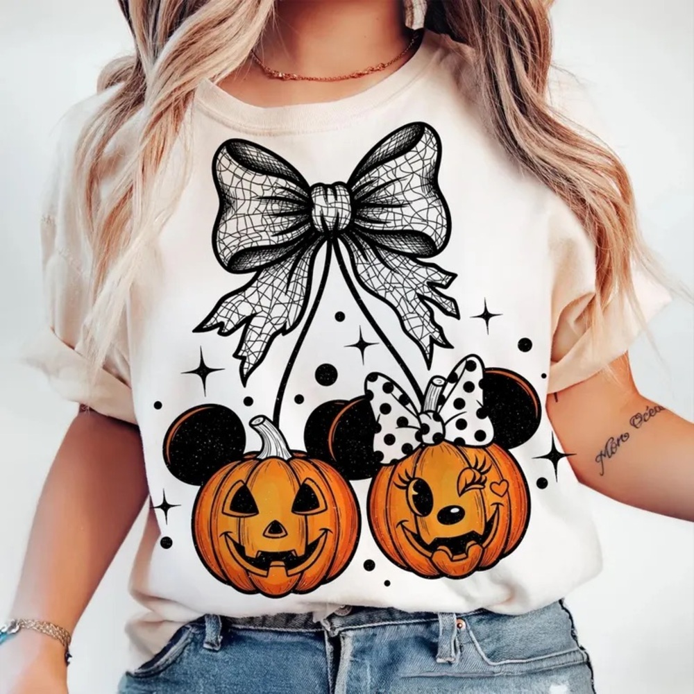Cute pumpkin Minnie and Mickey coquette  bow tee